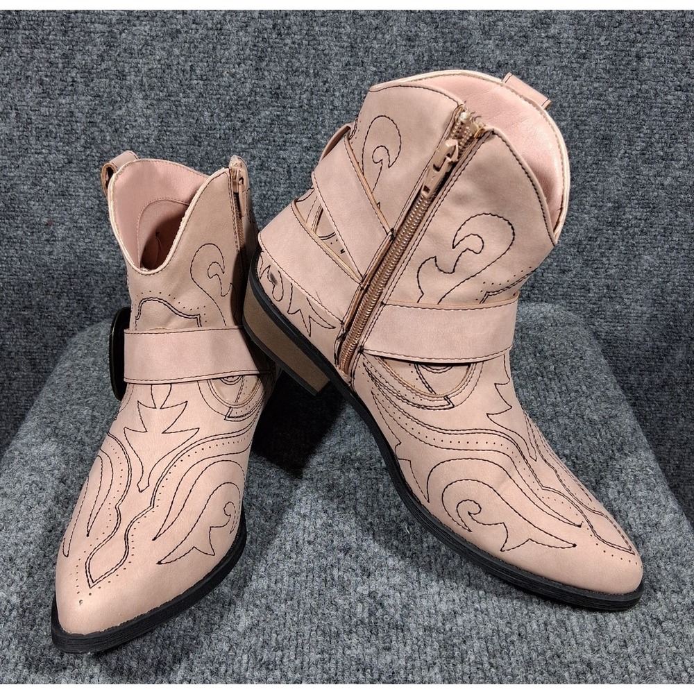 Esprit Womens Blush Pink Western Ankle Boots Embroidered Buckle Harness Size 9M